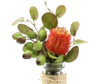 Floralistic - Australian Native Red Banksia and Gumnut Mason Arrangement, Home decor flowers, silk arrangements, handmade arrangements