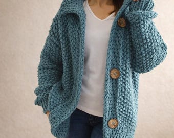 Zeegroene oversized grof gebreide cardigan | Damestrui van alpacawol | Handgemaakte, comfortabele, nonchalante jas
