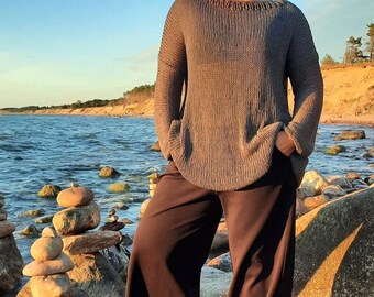 Handgestrickter dunkelgrauer Damenpullover | Transparenter Baumwollmischstoff | Lässiger, kuscheliger Pullover