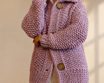 Cardigan lavorato a maglia grossa fatto a mano, giacca rosa Misty Rose in lana d'alpaca, maglione comodo da donna