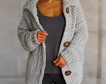 Merino Wool Cardigan | Chunky Oversized Hand Knit Sweater Jacket with Buttons | Cozy Women's Outerwear