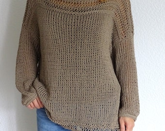 Sweter damski z mieszanki bawełny, robiony ręcznie na drutach | Sweter w stylu boho z otwartym splotem