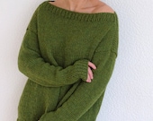 Olive green alpaca wool knit long slouchy thumb hole sweater, alpaca wool sweater jumper pullover, casual knitwear fashion, made to order