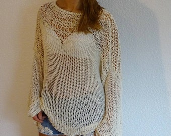 Off white loose knit sweater, Mesh sweater tunic, See through top, Loose fishnet sweater, Boho free style beach top blouse,  Made to order