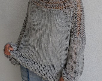 Pearl Gray Sweater Tunic Loose Knit Oversized Fits Slouchy Women's Cotton Spring Summer Casual Knitted Sweater Gifts Ideas Made to order