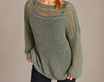 Green Khaki Hand Knitted Slouchy Sheer Sweater for Relaxed Boho Layering