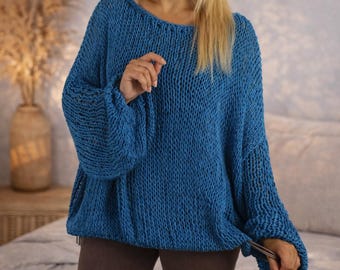 Turquoise Cotton Mesh Knit Sweater Oversized Slouchy Boho Pullover Lightweight Top