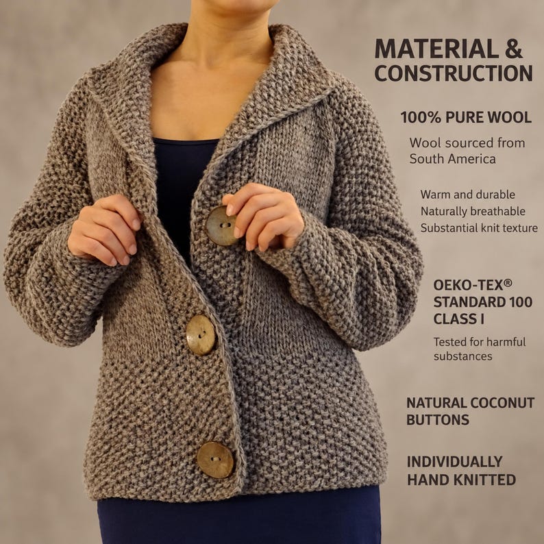 Material information for a cardigan individually hand knitted from 100% pure wool with natural coconut buttons.