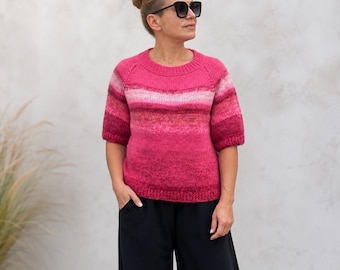 Rose Pink Gradient Knit Sweater | Soft Wool Blend Boho Pullover
