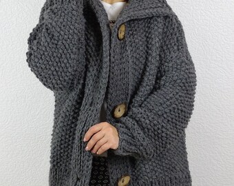 Cárdigan de lana de alpaca gris oscuro / Chaqueta gruesa extragrande / Suéter de estilo holgado para mujer