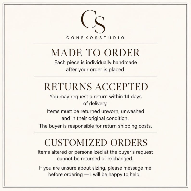 ConexosStudio made-to-order knitwear information card explaining 14-day returns, return condition requirements, sizing assistance, and exclusions for customized or personalized orders.