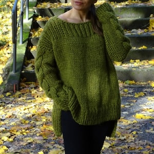 Olive green merino wool sweater Chunky loose knit long tunic dress Oversized slouchy cable knit sweater dress pullover Made to order