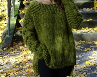 Hand Knitted Merino Wool Sweater Dress Chunky Olive Green Tunic