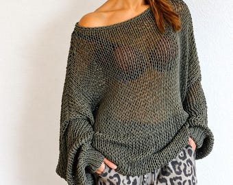 Khaki Green Oversized Boho Sweater in Cotton Blend with Open Knit and Wide Neckline
