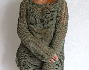 khaki extract sweater, Loose knit oversized slouchy sweater, Loose fits summer sweater, Boho style oversized cotton sweater, Made to order