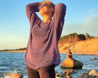Hand Knit Cotton Blend Sweater Boho Beach Cover-Up with Lace