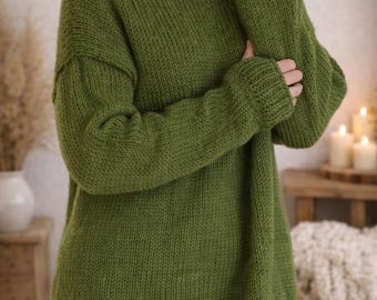 Handmade Cozy Oversized Sweater Loose Knit Jumper Off Shoulder Olive Green Pullover Alpaca Wool