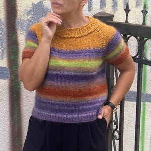 Hand Knit Mohair Wool blend Stripe Sweater Short Sleeve Fuzzy Rainbow Jumper Colorful Soft Knit Top Soft Mix yarn pullover Ready to ship
