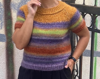 Hand Knit Mohair Blend Sweater Rainbow Stripe Short Sleeve Jumper