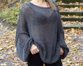 Grey Boho Knit Sweater Plus Size Cotton Blend Slouchy Tunic