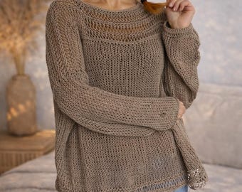 Khaki Sheer Knit Sweater Oversized Cotton Boho Top