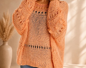Peach Oversized Knit Sweater | Boho Cotton Mesh Pullover | Coastal Slouchy Jumper