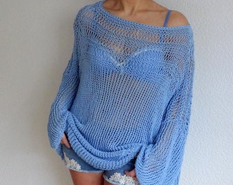 Eisblaues Sommertop |  Boho Slouchy Pullover | Schiere Mesh | Stricken Sie die übergroße Tunika