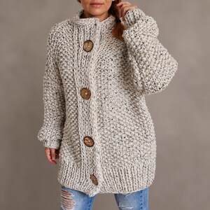 Oatmeal Tweed Chunky Knit Cardigan, Oversized Wool Blend Cocoon Jacket with Natural Coconut Buttons