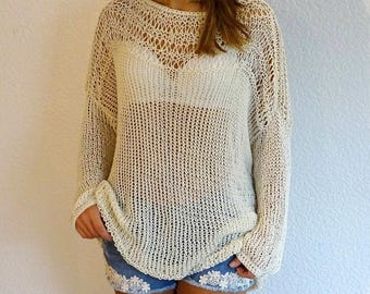 Off White Loose Knit Sweater Mesh Sweater Tunic See Through
