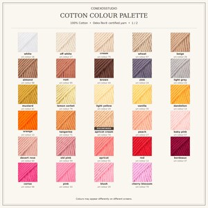ConexosStudio cotton yarn colour chart, card 1 of 2, showing 29 neutral, yellow, orange and pink shades with names and codes. Apricot cream 74 is marked discontinued.