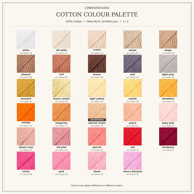 ConexosStudio cotton yarn colour chart, card 1 of 2, showing 29 neutral, yellow, orange and pink shades with names and codes. Apricot cream 74 is marked discontinued.
