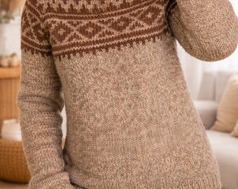 Hand Knit Brown Fair Isle Sweater, Nordic Yoke Wool Blend Pullover for Women