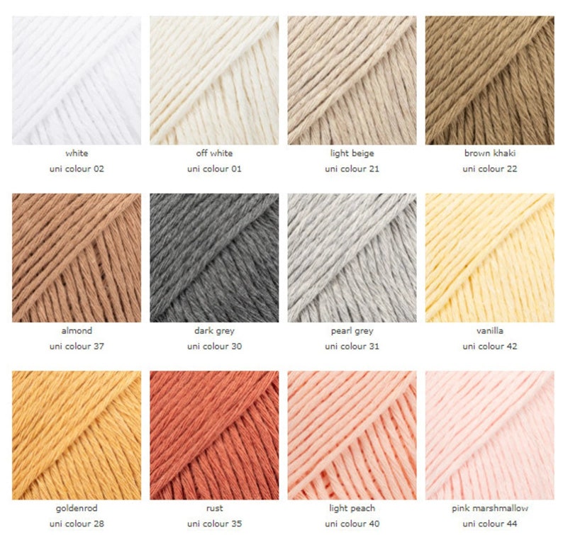 May include: A collection of 12 yarn colors, including white, off-white, light beige, brown khaki, almond, dark grey, pearl grey, vanilla, goldenrod, rust, light peach, and pink marshmallow. Each color is displayed in a square with the name and uni color number listed below.