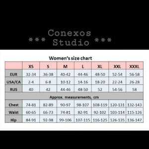 May include: A size chart for women's clothing with measurements in inches and centimeters. The chart includes sizes XS, S, M, L, XL, XXL, and XXXL. The chart shows the corresponding European, US/Canadian, and Russian sizes, as well as approximate measurements for chest, waist, and hip.