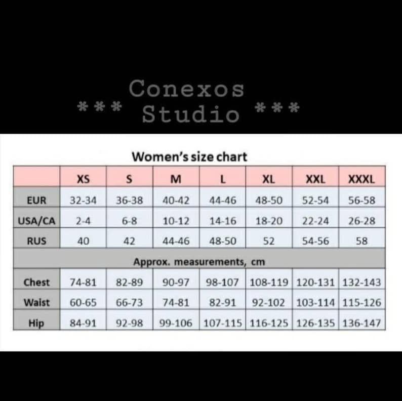 May include: A size chart for women's clothing with measurements in inches and centimeters. The chart includes sizes XS, S, M, L, XL, XXL, and XXXL. The chart shows the corresponding European, US/Canadian, and Russian sizes, as well as approximate measurements for chest, waist, and hip.