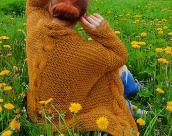 Hand Knit Merino Wool Cardigan | Chunky Cable Knit Sweater | Long Coat