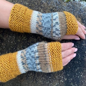 Ready to ship, Mustard brown fingerless gloves, Knit wool arm warmers, Boho wedding Wrist warmers, Fair isle knit gloves, Gift ideas