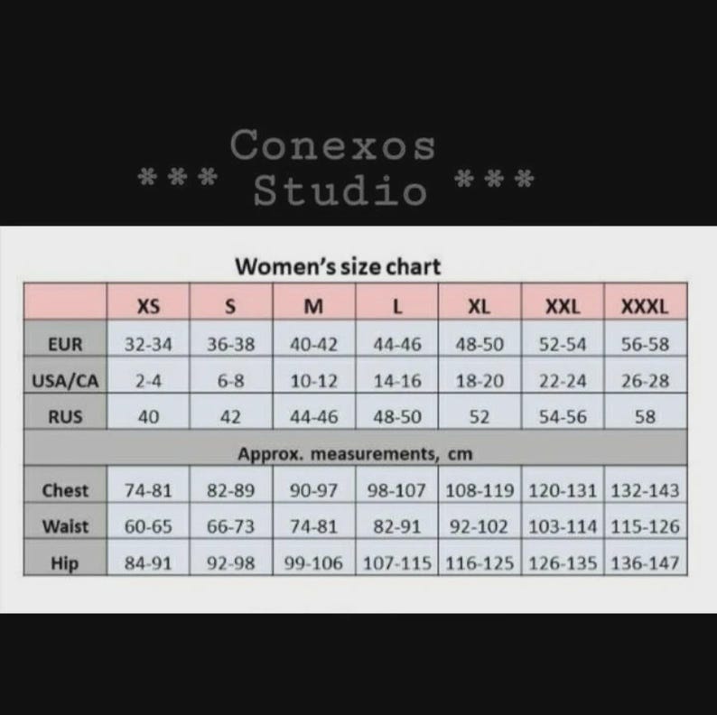 ConexosStudio women’s size chart showing XS to XXXL conversions for EU, USA/Canada and Russian sizes, with approximate chest, waist and hip measurements in centimetres.