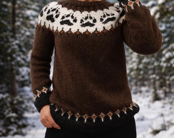 Fair Isle Lettlopi Wool Sweater Icelandic Knit Dog Paws Design