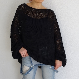 Deep Black sweater, Loose knit boho style tunic sweater, Oversized one size slouchy sweater, Loose fit cotton summer sweater, Made to order