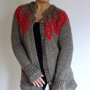 Red Leaves Knit Cardigan, Fair Isle Merino Pure Wool Cardigan Sweater, Bulky Knit Cardigan, Icelandic Jacket, Brown and Red, Made to order