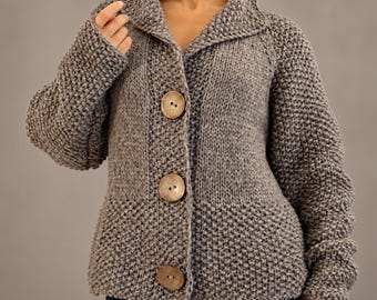 Ash Brown Pure Wool Cardigan, Bulky Hand Knit Everyday Jacket with Coconut Buttons