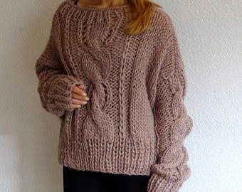 Hand Knit Chunky Merino Wool Cable Sweater Camel Taupe Oversized Pullover