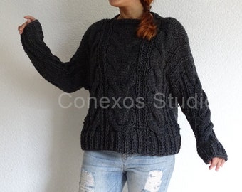 hand cable knit alpaca wool slouchy oversized women's casual fashion braided bulky chunky sweater jumper pullover made to order