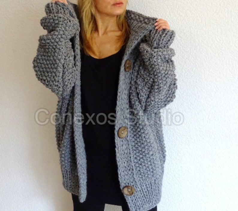 Pearl Cocoon graue Strickjacke, Locker gestrickte Oversized Slouchy reine Wolle Boho Damen Strickjacke, Merino Wolle grobstrick Slouchy Oversized Pullover Bild 3