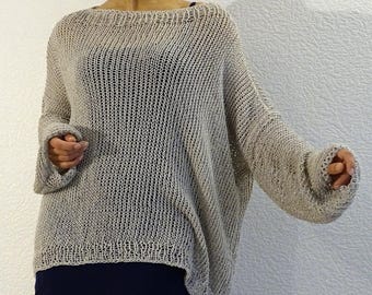 Hand Knit Cotton Blend Sweater Oversized Slouchy Boho Beach Cover Up