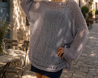Handgestrickte Baumwollmischung Pullover Übergröße Boho Beach Cover Up