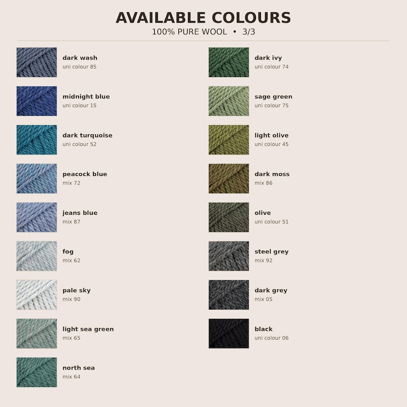 Pure wool colour palette with blue, turquoise, green, olive, steel grey, dark grey and black yarn shades with colour codes.