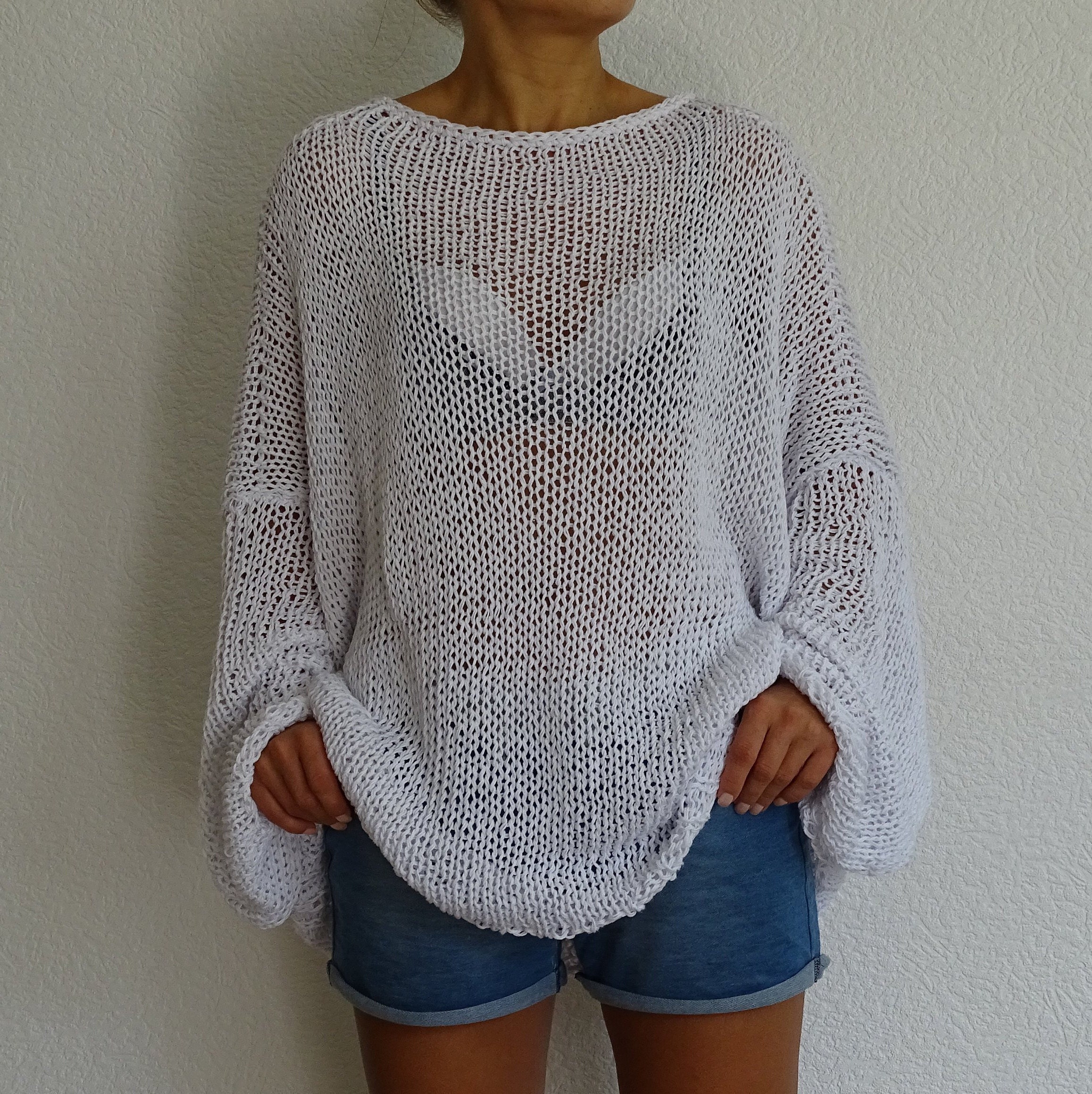 Boho Western Style Sweater, Sheer Mesh Tunic, White Loose Boho Western Style Sweater, Sheer Mesh Tunic, White Loose