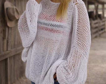 Hand Knit Cotton Mesh Sweater, Oversized Slouchy Boho Top